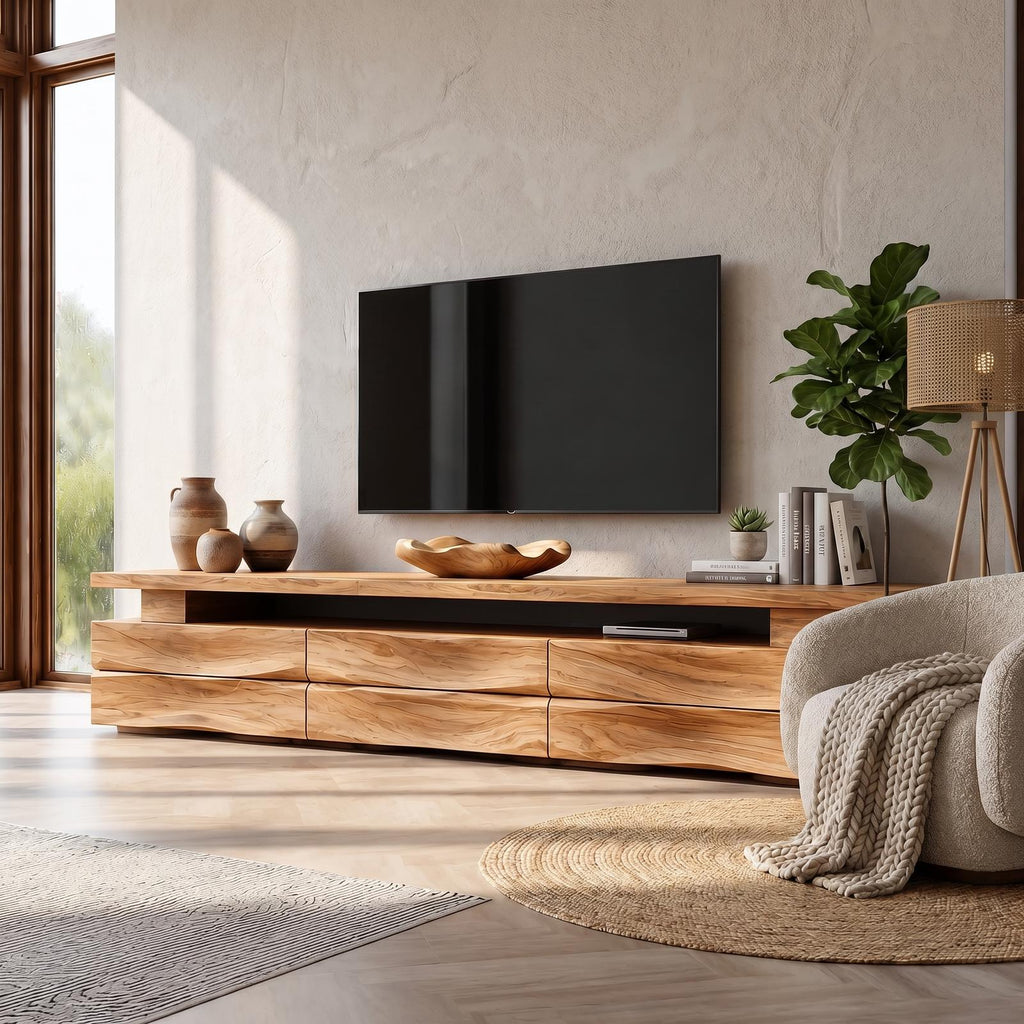 Rustic TV Cabinet with Wave Front Drawers & Open Storage Shelf, Solid Wood Media Entertainment Stand