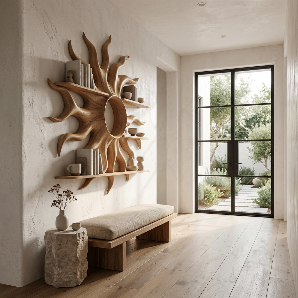 Sculptural Sun Wall Shelf, Floating Wooden Display Rack & Sunburst Wall Art Decor
