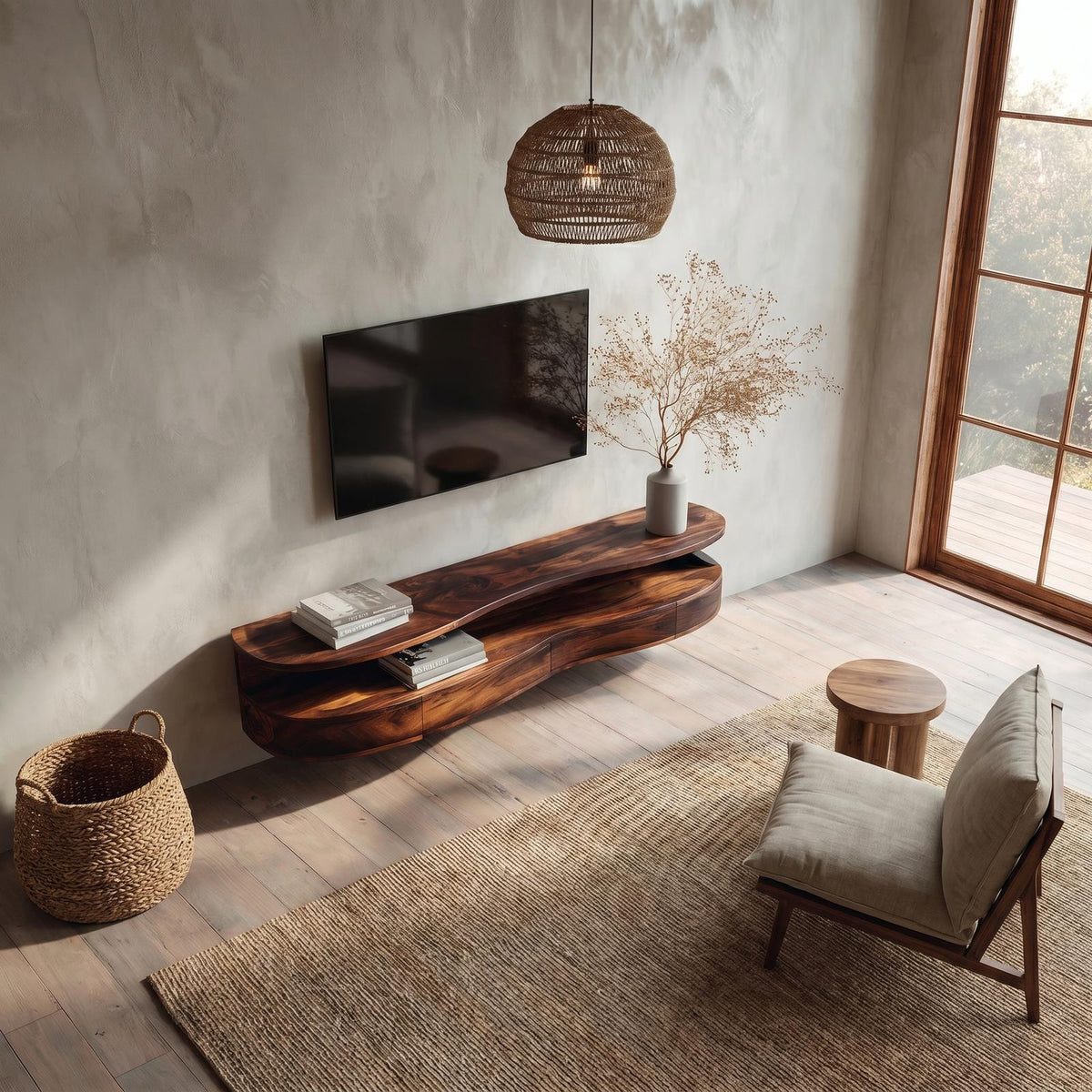 Contemporary Floating TV Stand with Built-In Drawer Storage, Wall Mounted Solid Wood Media Console, Entertainment Center Shelf, SINLHATC053