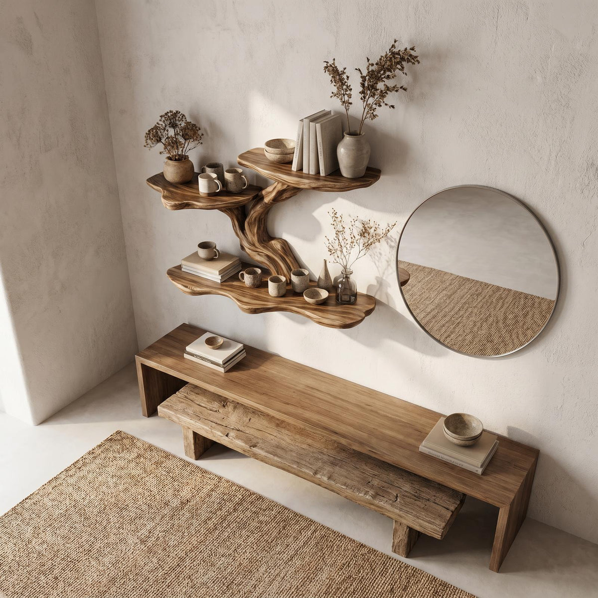 Organic Tree Branch Floating Shelf, Sculptural Wall Storage Solid Wood Ledge