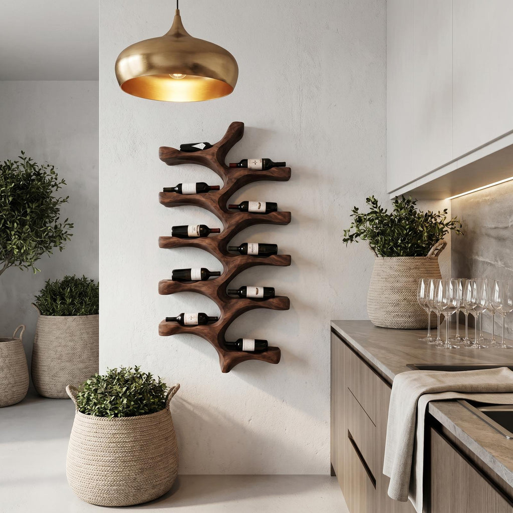 Organic Wall Mounted Wine Rack with Tree Branch Bottle Holders, Handcrafted Wood Wine Rack for Kitchen