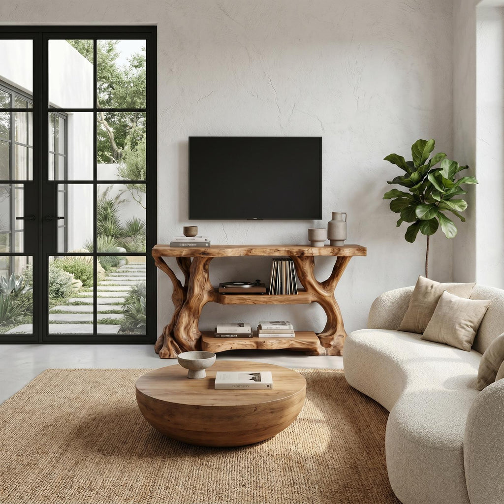 Rustic TV Stand with Natural Wood Sculptural Frame, Solid Wood Media Console Table