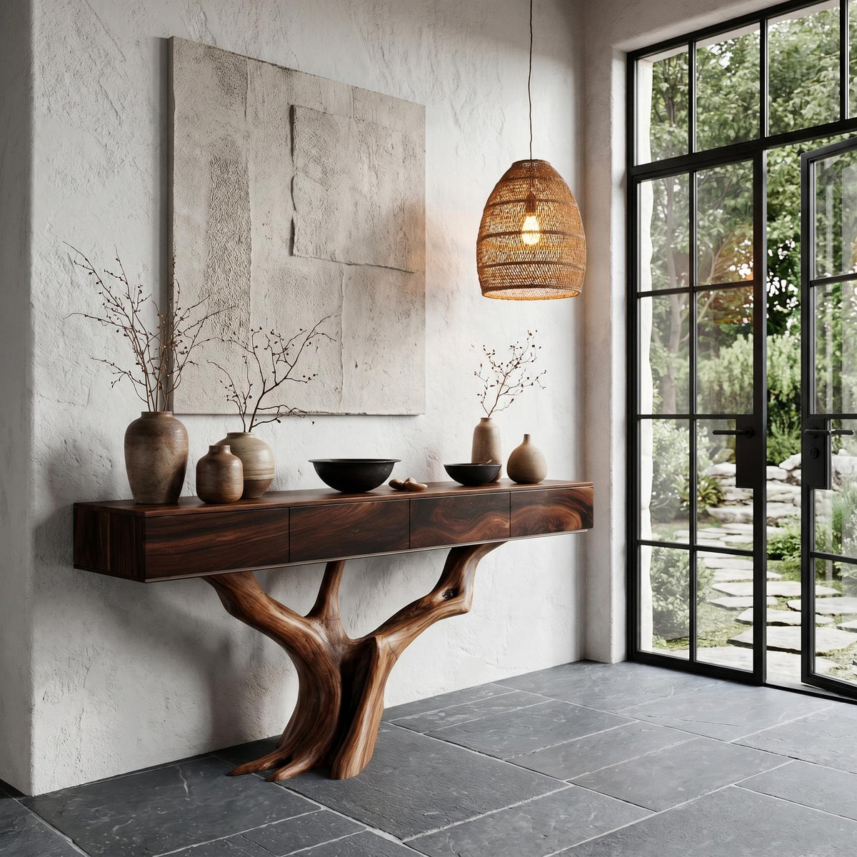 Rustic Live Edge Console Table with Sculptural Tree Branch Base, Solid Wood Entryway Sofa Table for Hallway Living Room Foyer, SINLHACS616