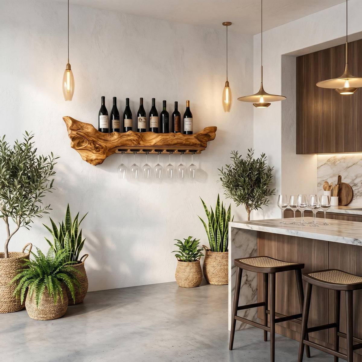 Rustic Live Edge Wall Mounted Wine Rack with Stemware Glass Holder, Hanging Wood Bottle Organizer for Kitchen
