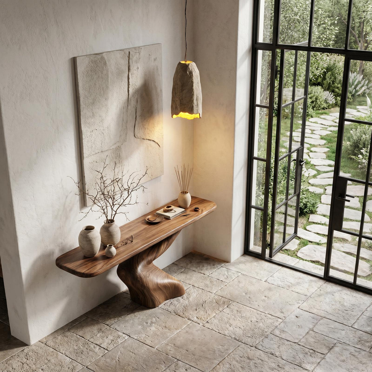 Organic Console Table with Sculptural Twisted Solid Wood Base for Entryway, Foyer & Living Room Accent, Natural
