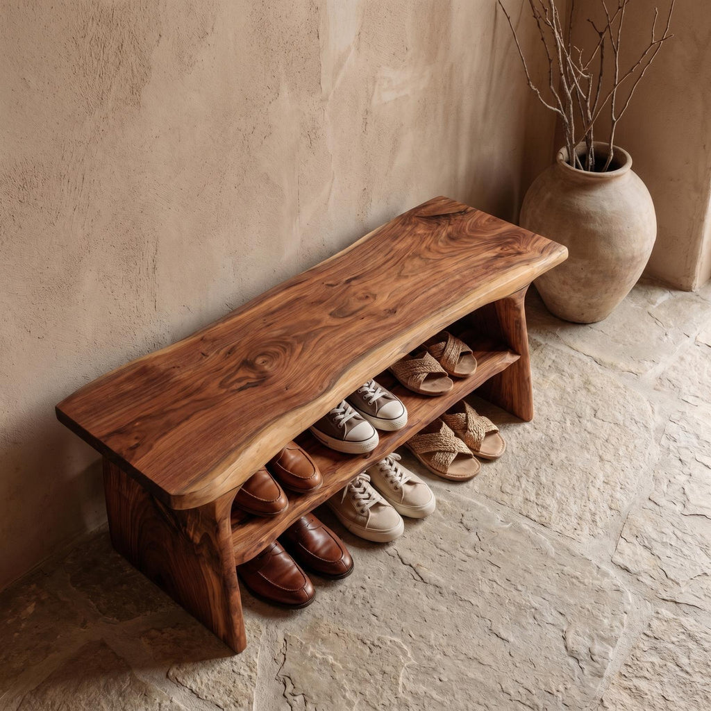 Rustic Shoe Bench with Natural Wood Storage, Handcrafted Entryway Sitting Bench
