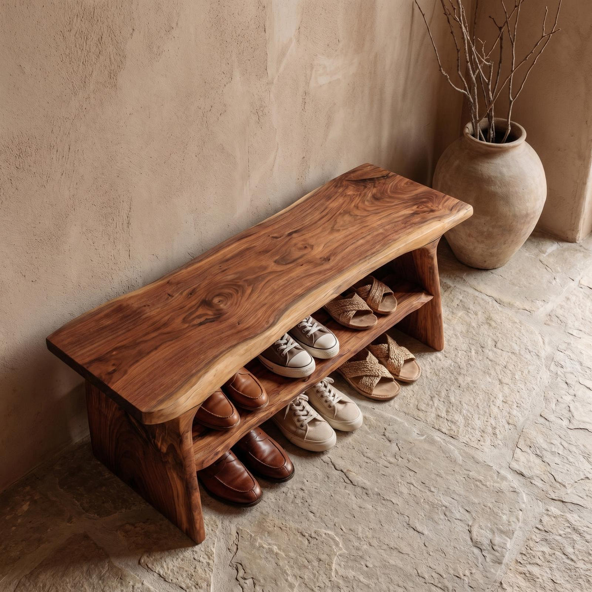 Rustic Shoe Bench with Natural Wood Storage, Handcrafted Entryway Sitting Bench