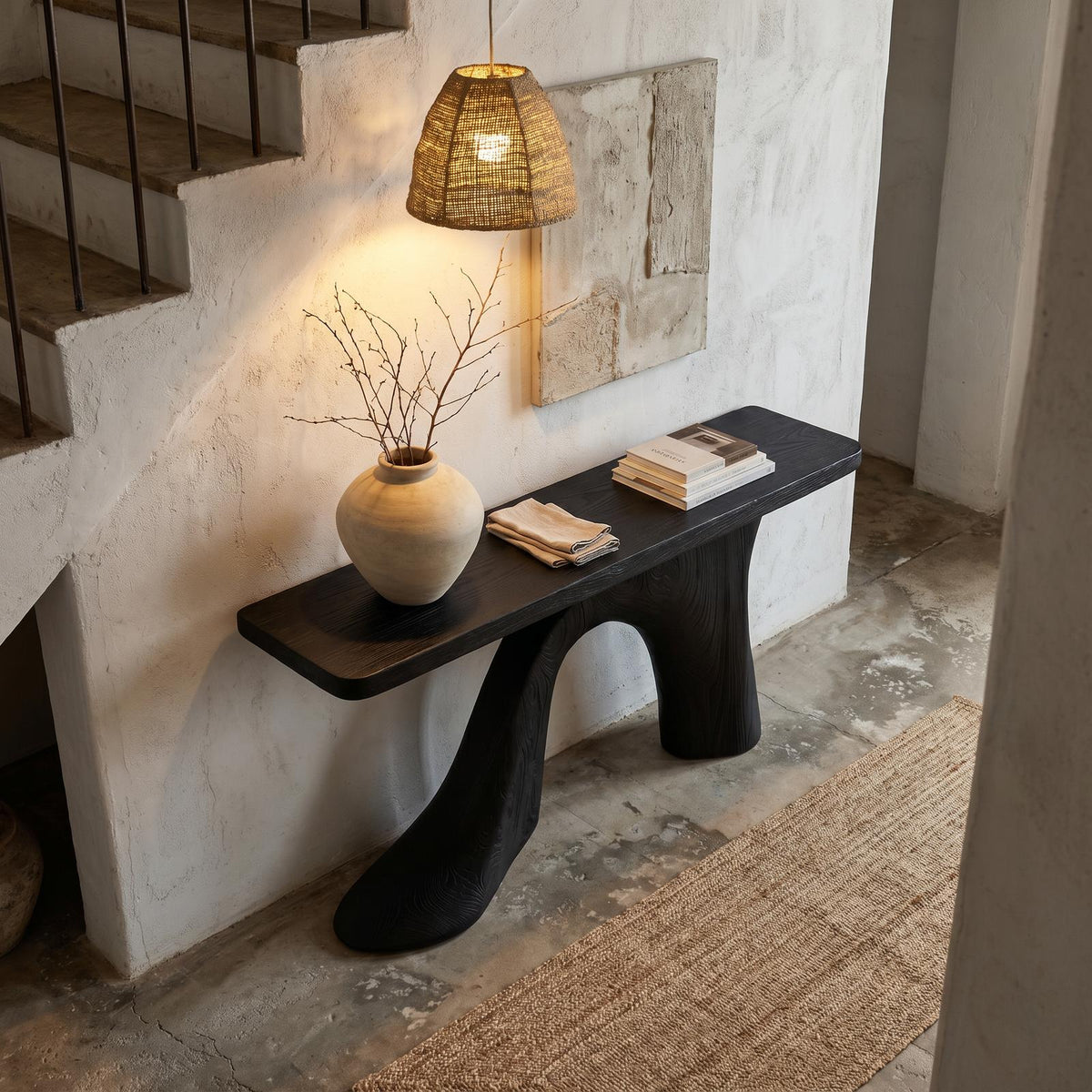 Spry Interior Modern Console Table, Handcrafted Wooden Entryway Table with Sculptural Base for Living Room and Office Foyer Decor, SINLHACS573