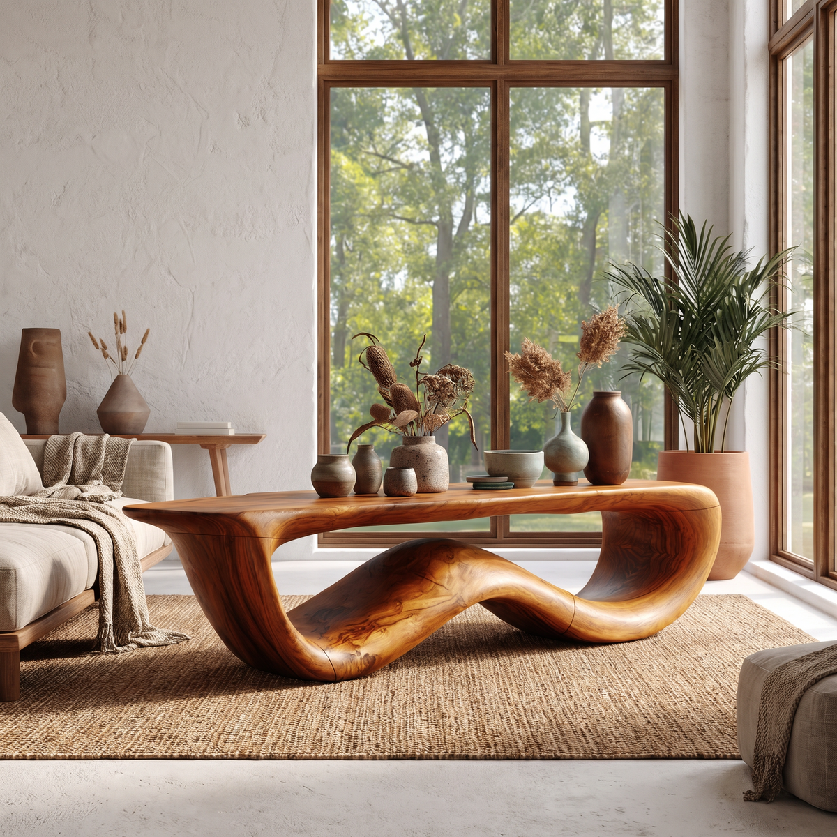 Contemporary Coffee Table with Flowing Solid Wood Silhouette, Organic Handcrafted Living Room Center Table, Model
