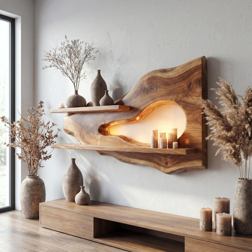 Modern Organic Floating Wall Shelf, Solid Wood Natural Edge Ledge for Entryway, Living Room Decorative Display