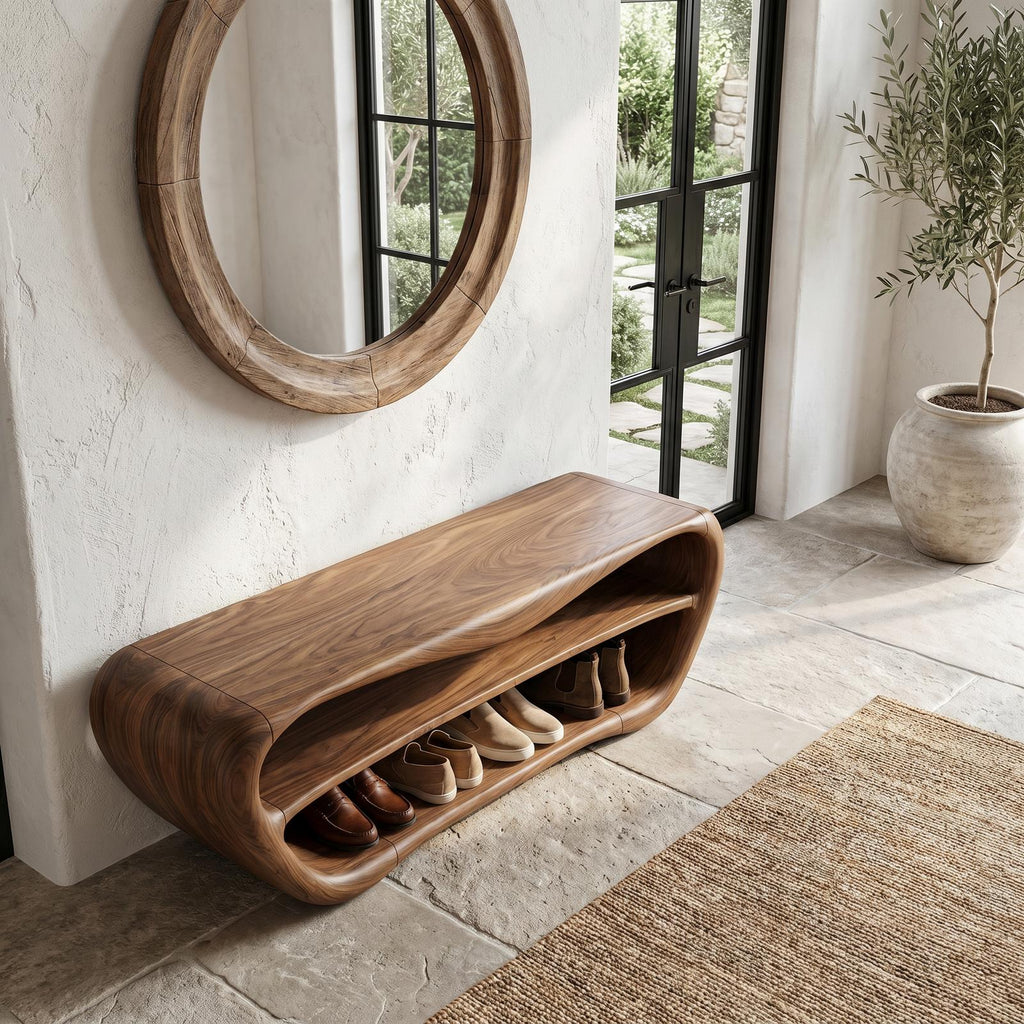 Handcrafted Shoe Bench with Open Storage, Rustic Wooden Entryway Sitting Bench Organizer