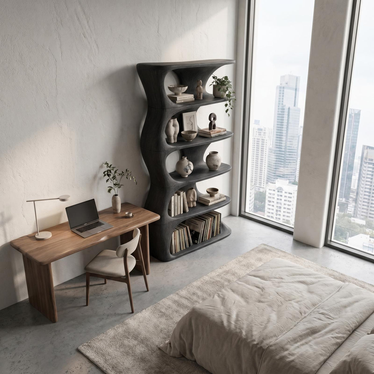 Organic Sculptural Wall Mounted Bookshelf with Curved Floating Wood Shelves, Decorative Wall Hanging Bookcase
