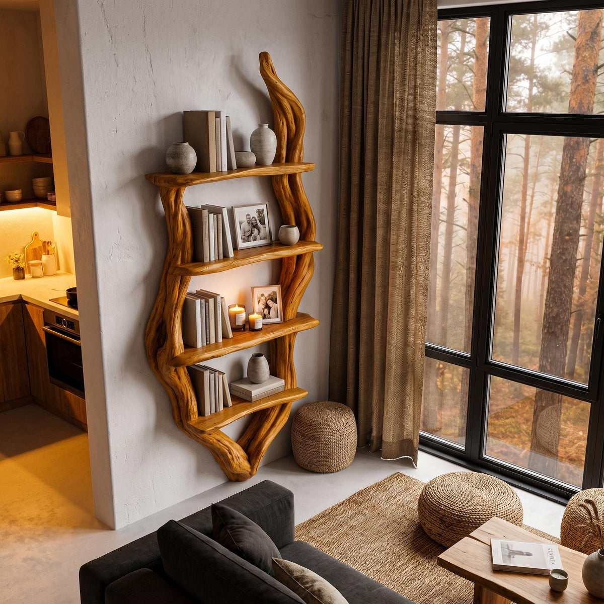 Rustic Wall Bookshelf Handcrafted Tree Branch Design For Living Room
