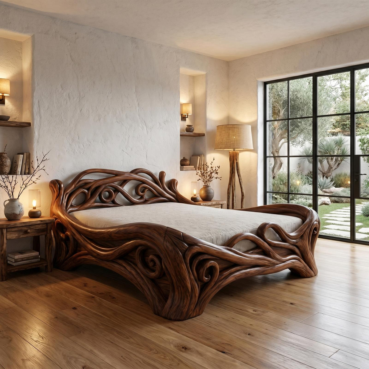 Spry Interior Organic Sculptural Bed Frame with Flowing Root-Inspired Wood Design, Unique Handcrafted Solid Wood Bed Frame - SINLHAWB121