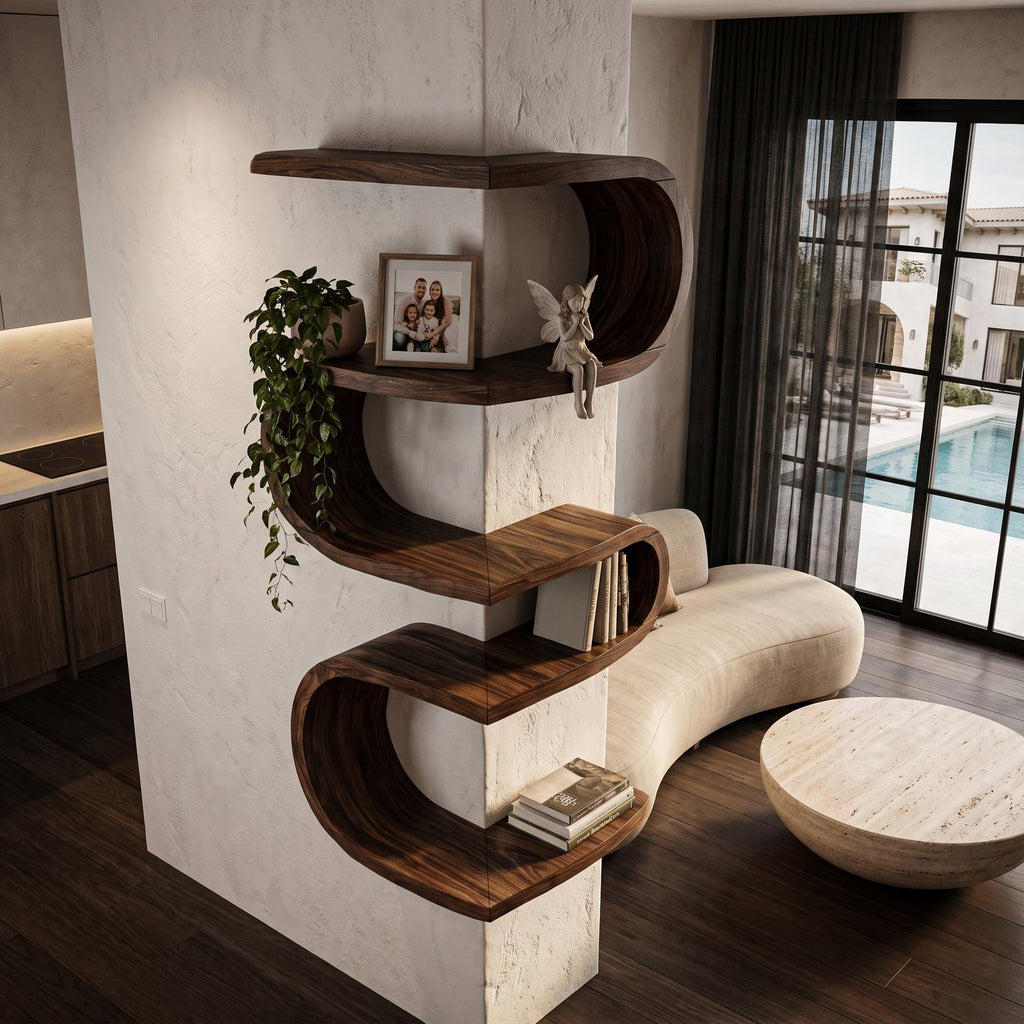 Sculptural Corner Wall Bookshelf Handcrafted Curved Design For Living Room