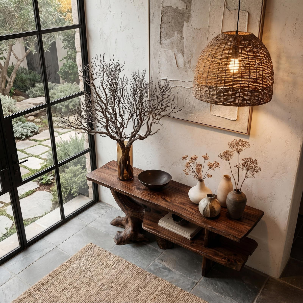 Organic Wood Console Table with Sculptural Tree Branch Base, Rustic Entryway & Living Room Accent Foyer Table