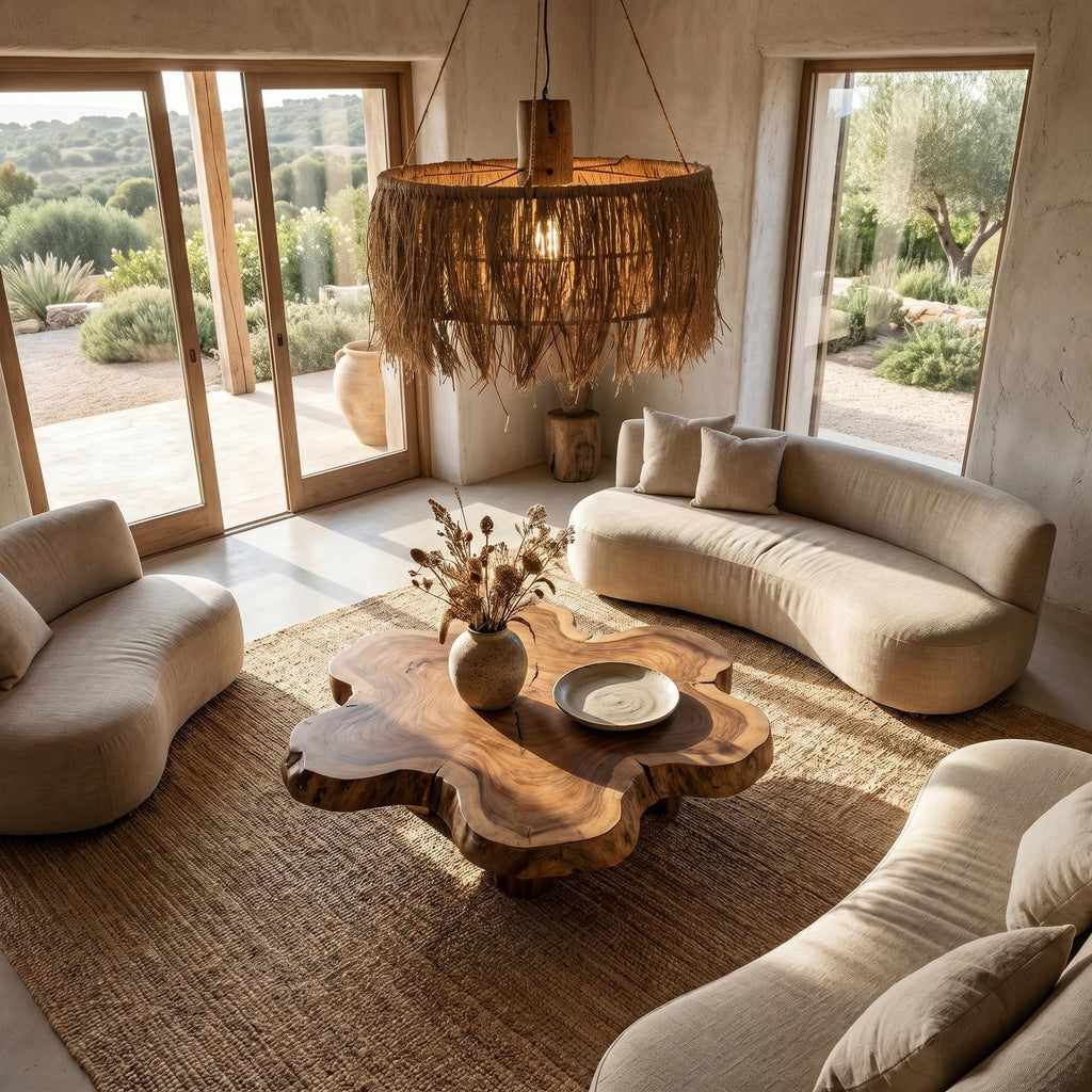 Organic Coffee Table with Sculptural Solid Wood Base, Modern Rustic Center Table for Living Room