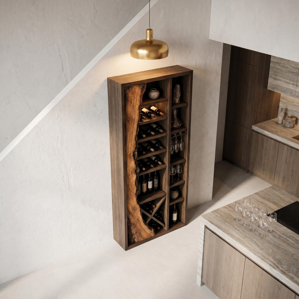 Rustic Wood Wine Cabinet, Live Edge Inlay & Built-In Bottle Storage Bar Credenza for Dining Room