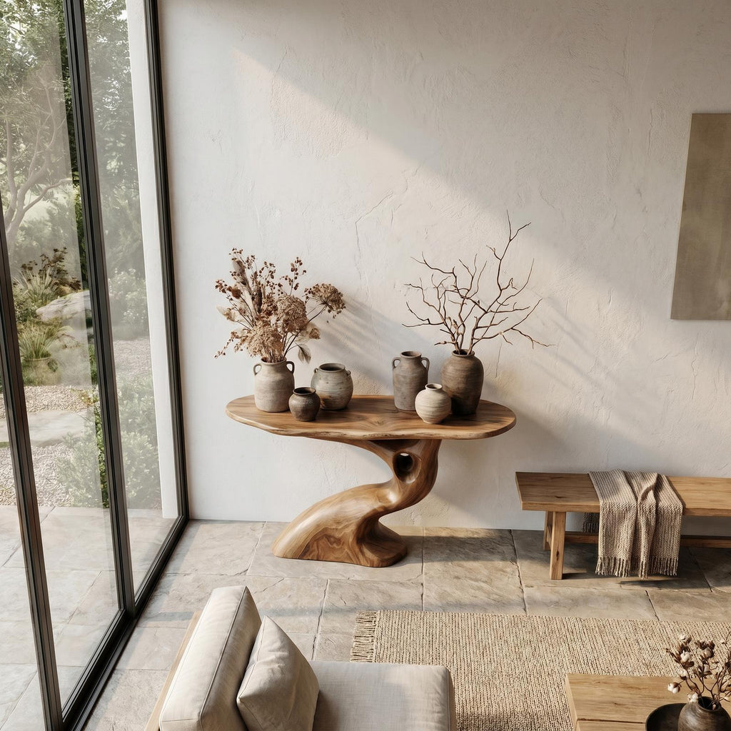 Tree-Inspired Console Table with Sculptural Wood Structure, Handcrafted Solid Wood Live Edge Entryway & Foyer Table