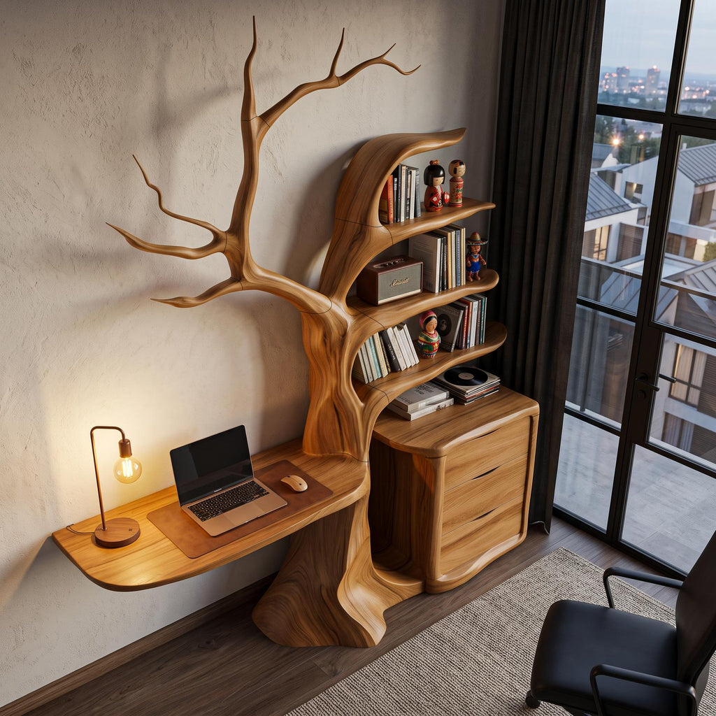 Natural Floating Desk With Sculptural Tree Bookshelf For Home Office