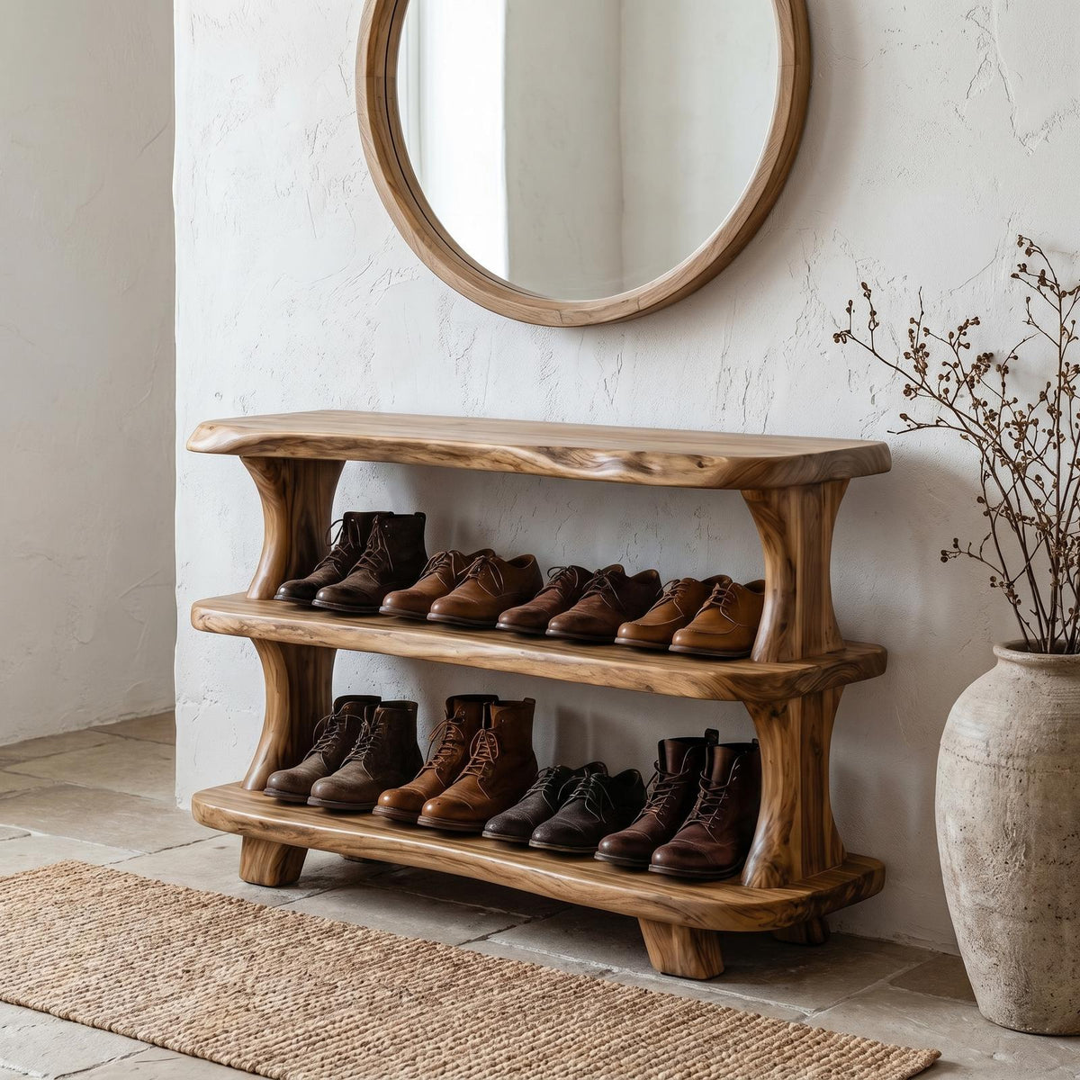 Modern Wooden Shoe Rack, Sculptural Entryway Organizer Closet Cabinet with Shelves
