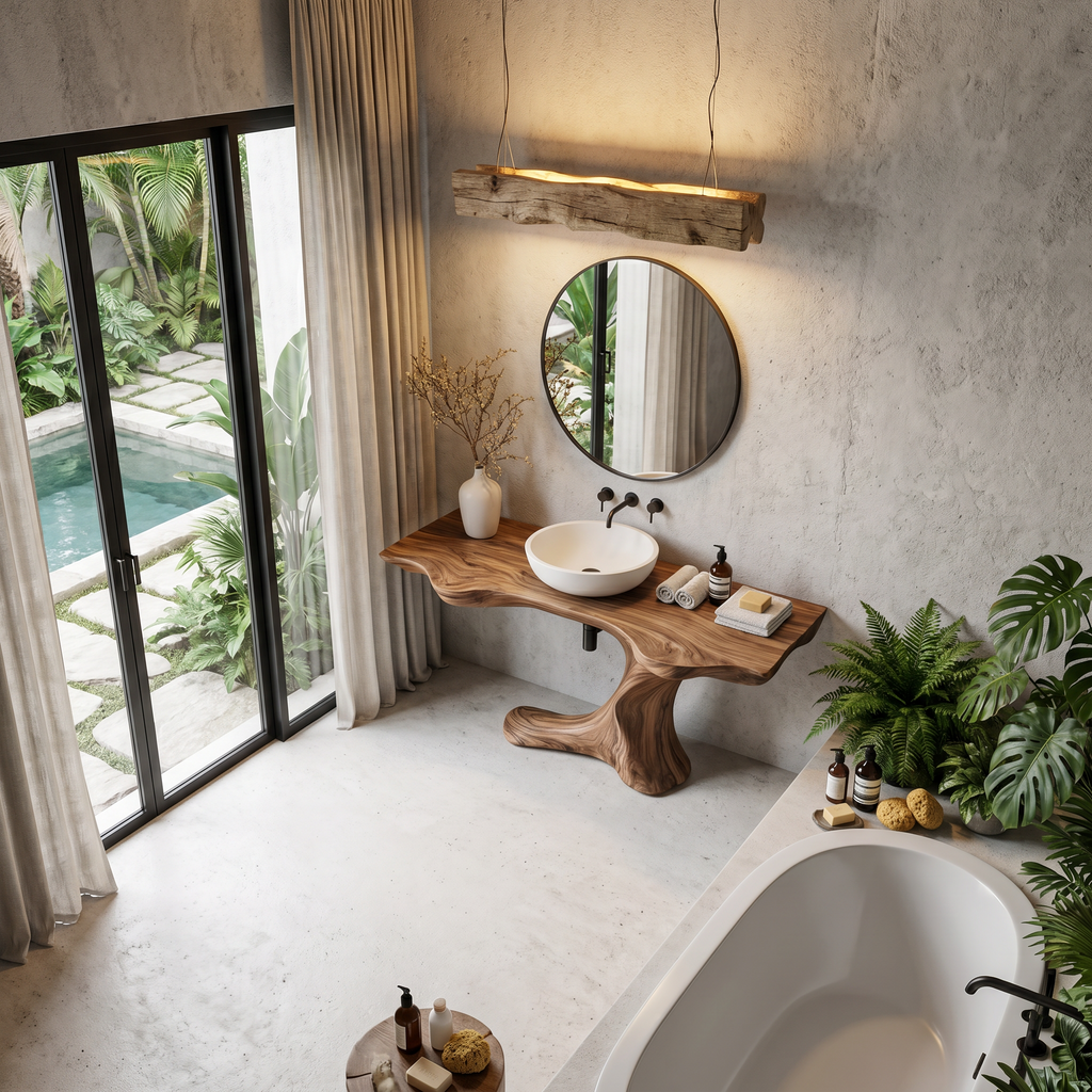 Rustic Organic Bathroom Vanity with Live Edge Countertop & Sculptural Tree Root Base, Wooden Sink Cabinet