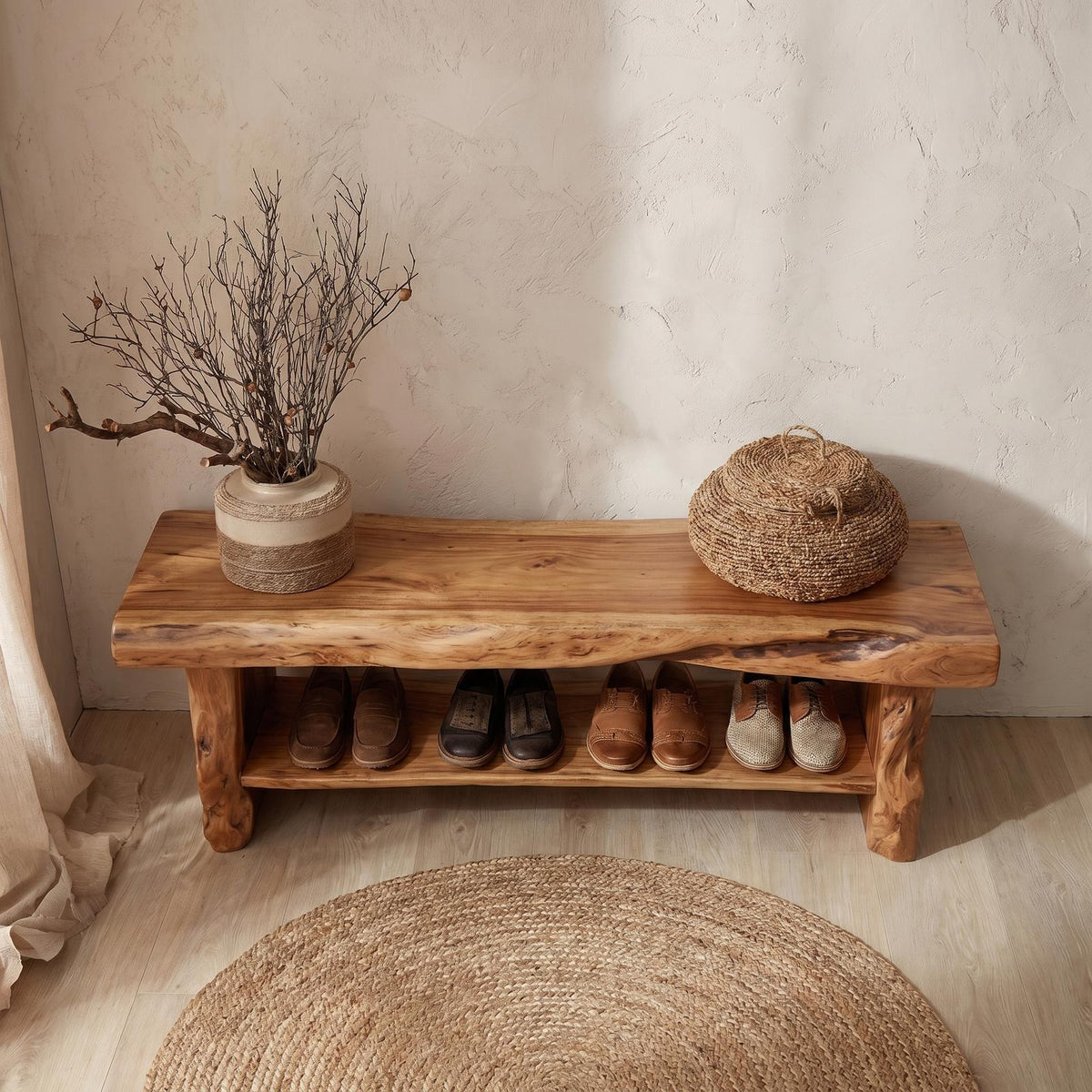 Rustic Solid Wood Shoe Bench, Natural Entryway Shoe Organizer Rack & Seat with Storage