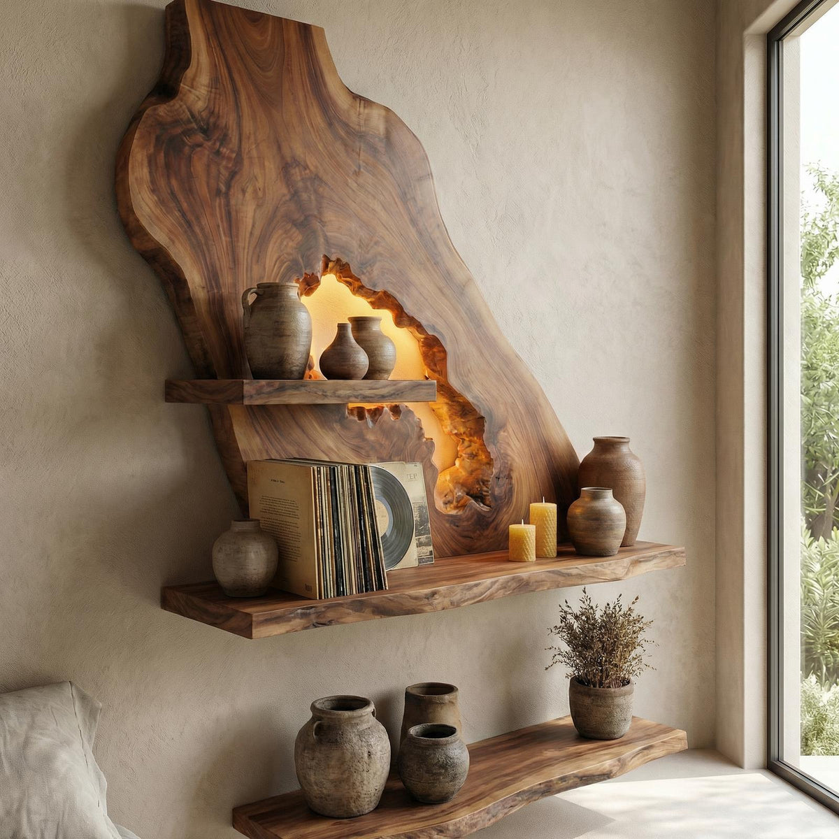 Sculptural Floating Wall Shelf, Modern Solid Wood Wave Display Ledge for Entryway, Living Room Art Decor