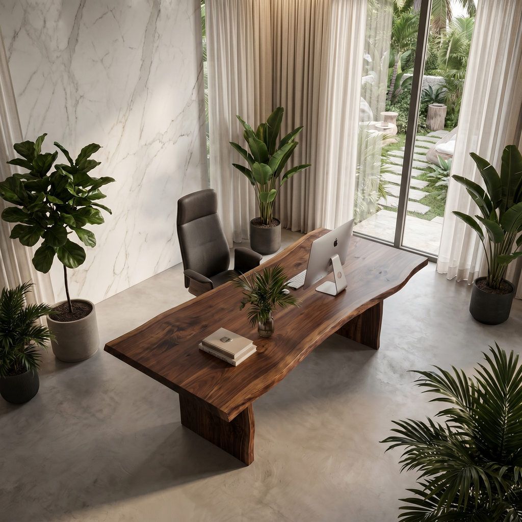 Rustic Live Edge Wooden Desk with Solid Wood Pedestal Base, Natural Edge Executive Office Computer Table