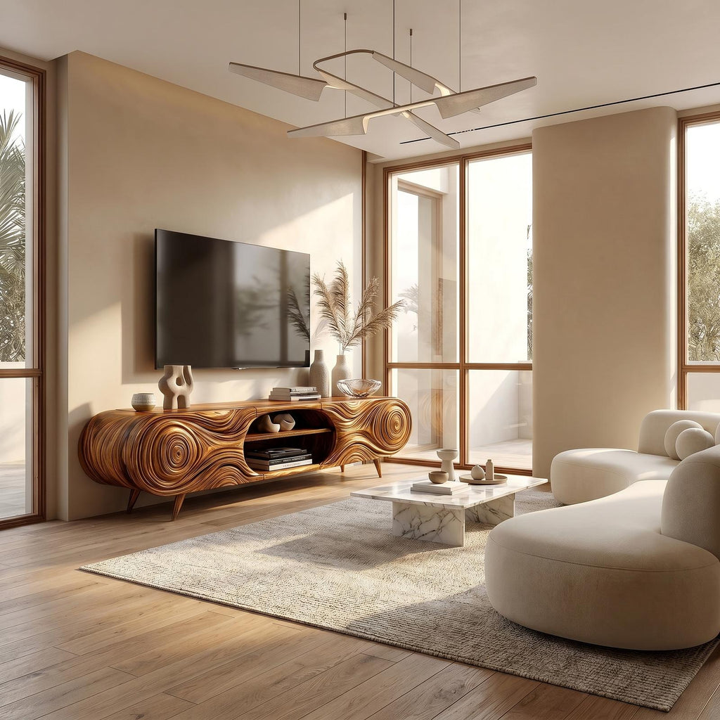 Organic Modern TV Cabinet, Handcrafted Sculptural Wood Grain Media Console Board with Storage for Living Room, Model