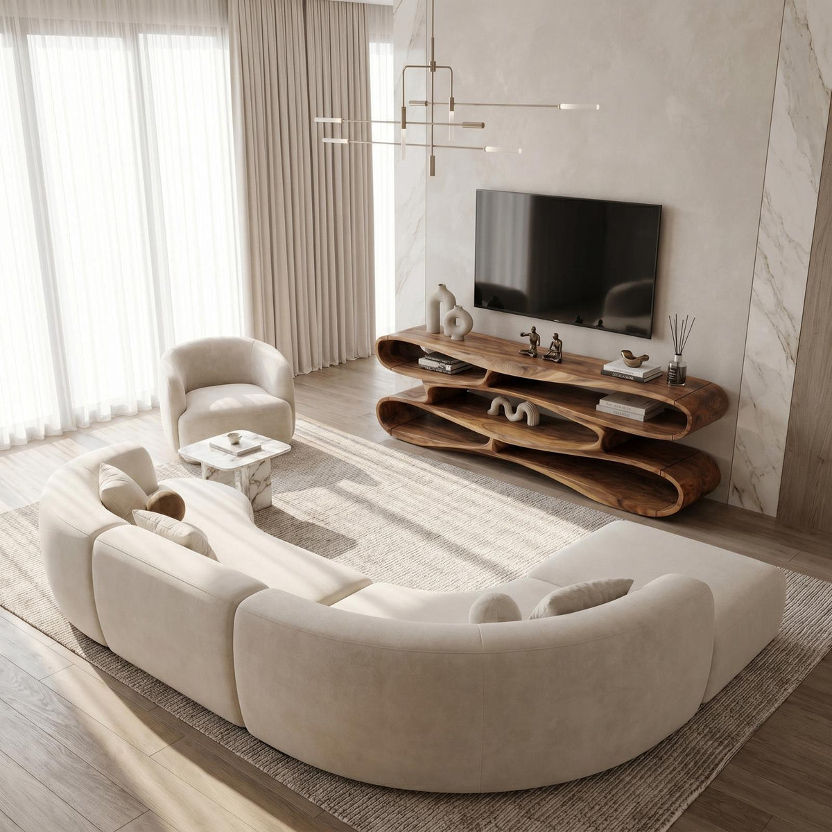 Sculptural Solid Wood TV Cabinet, Handcrafted Nature-Inspired Floating Media Console for Living Room TV Stand, Model