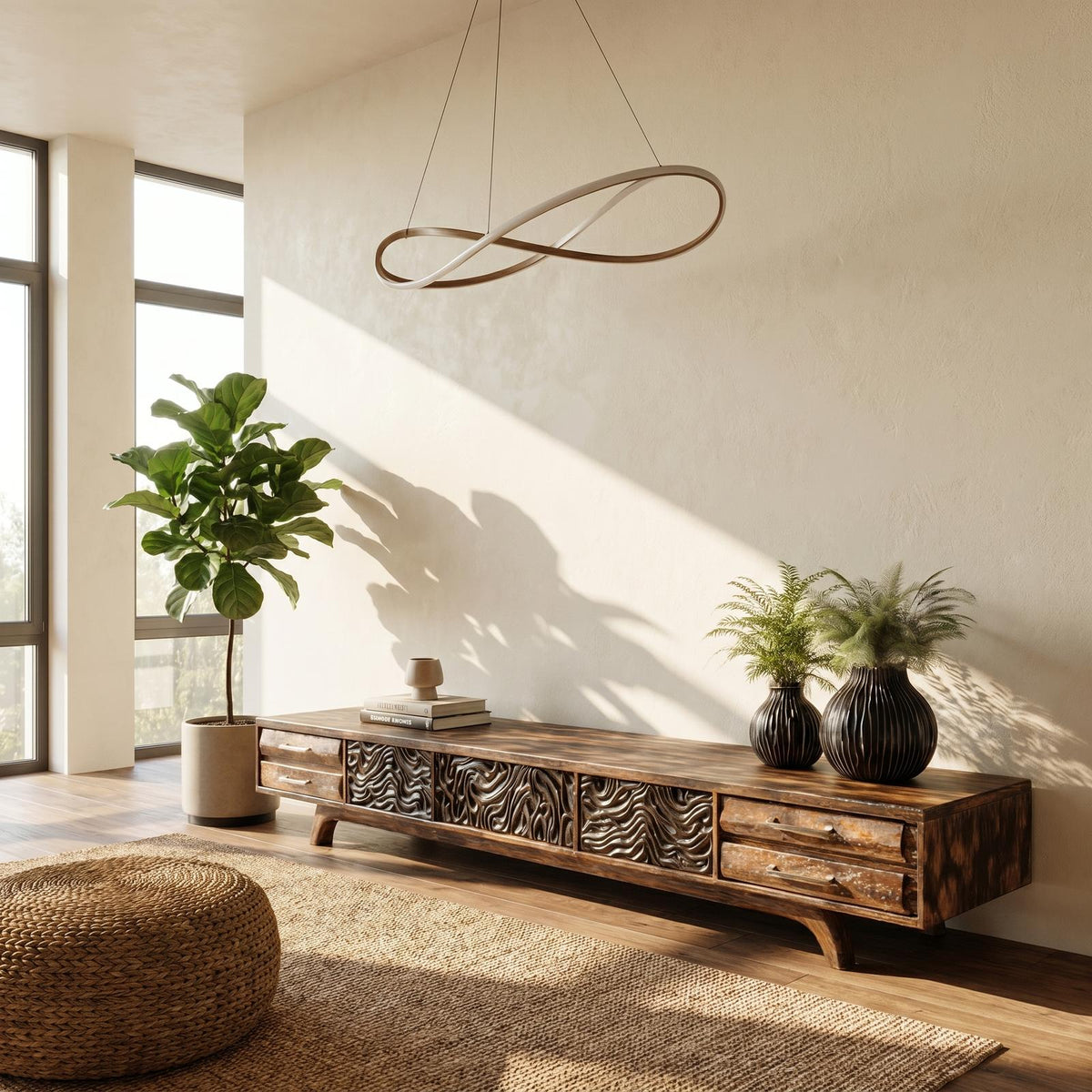 Rustic Solid Wood TV Cabinet, Handcrafted Nature-Inspired Branch Shape Media Console Table for Living Room, Model