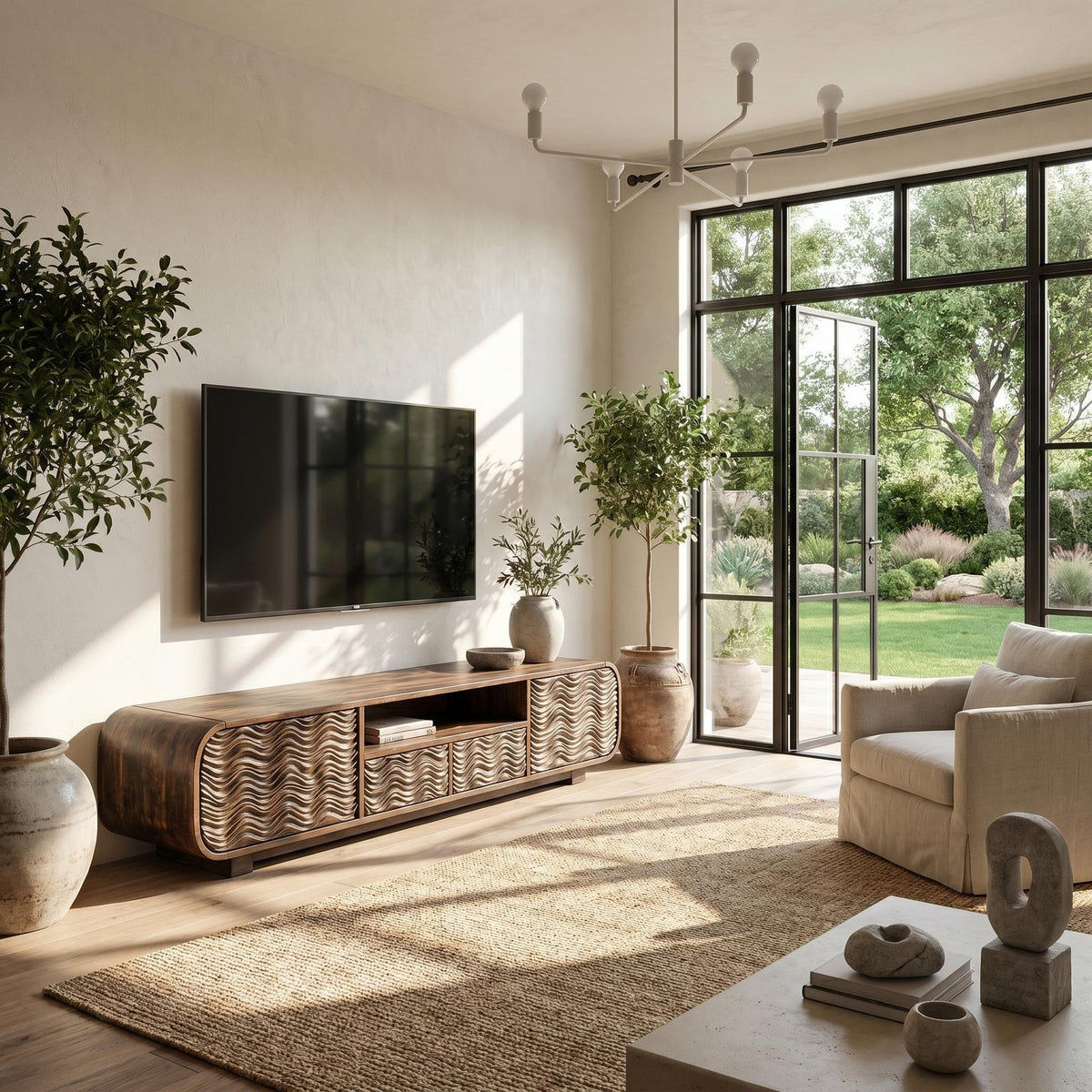 Modern Solid Wood Entertainment Center, Handcrafted Organic Wave Shaped TV Console for Living Room, Model