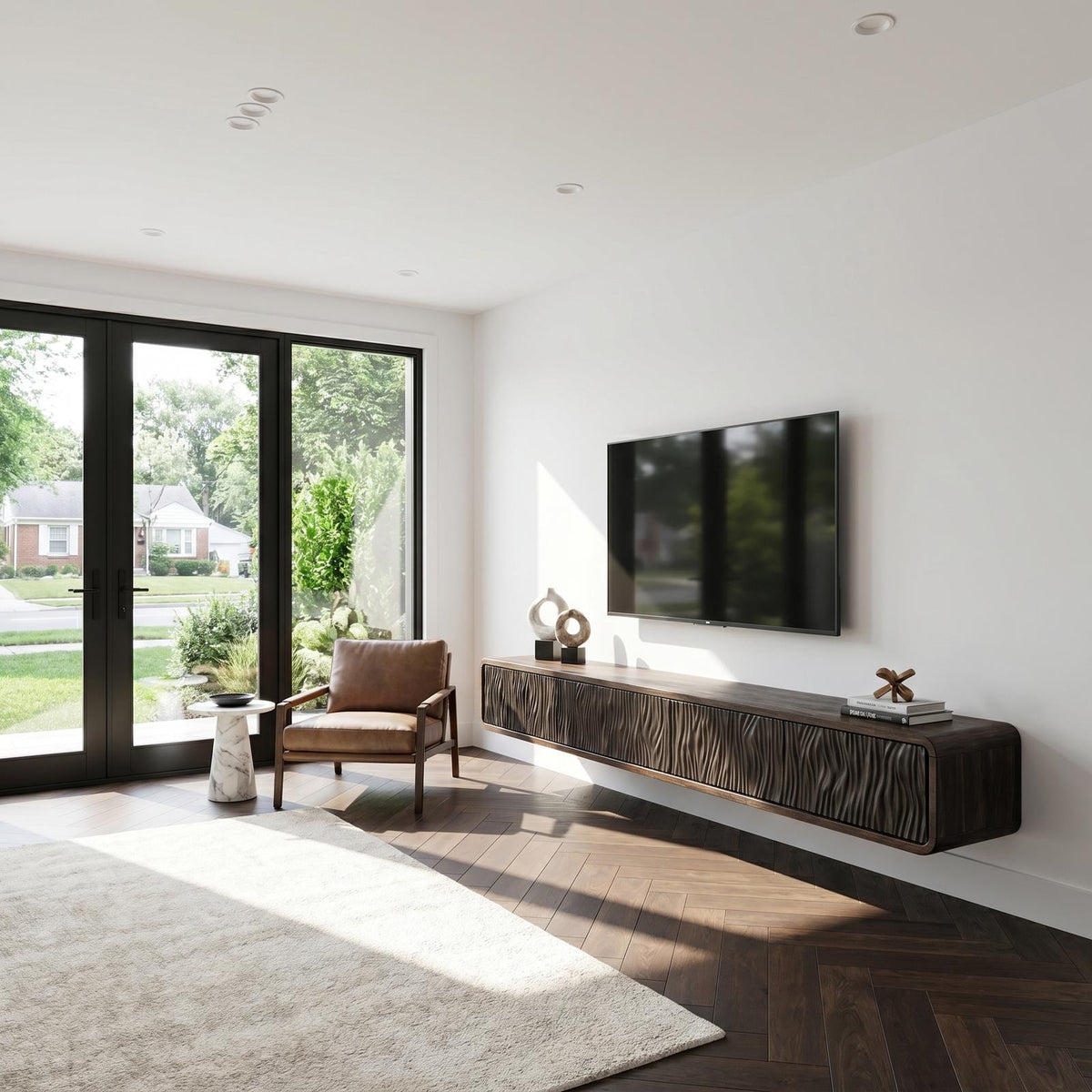 Organic Modern Wall Mounted TV Cabinet, Handcrafted Solid Wood Floating Media Console Entertainment Center, Model