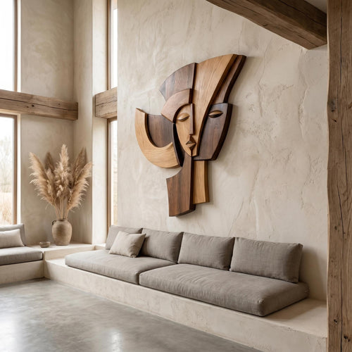 Abstract Wooden Face Wall Decor Panel, Handcrafted Modern Cubist Silhouette Portrait Art Sculpture for Home