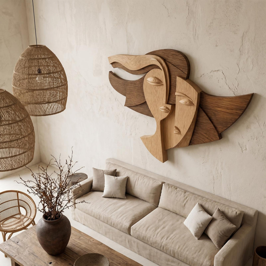 Spry Interior Cubism Style Face Wood Wall Decor Panel, Abstract Handcrafted Portrait Art Sculpture for Living Room Office, SINLHAWD070