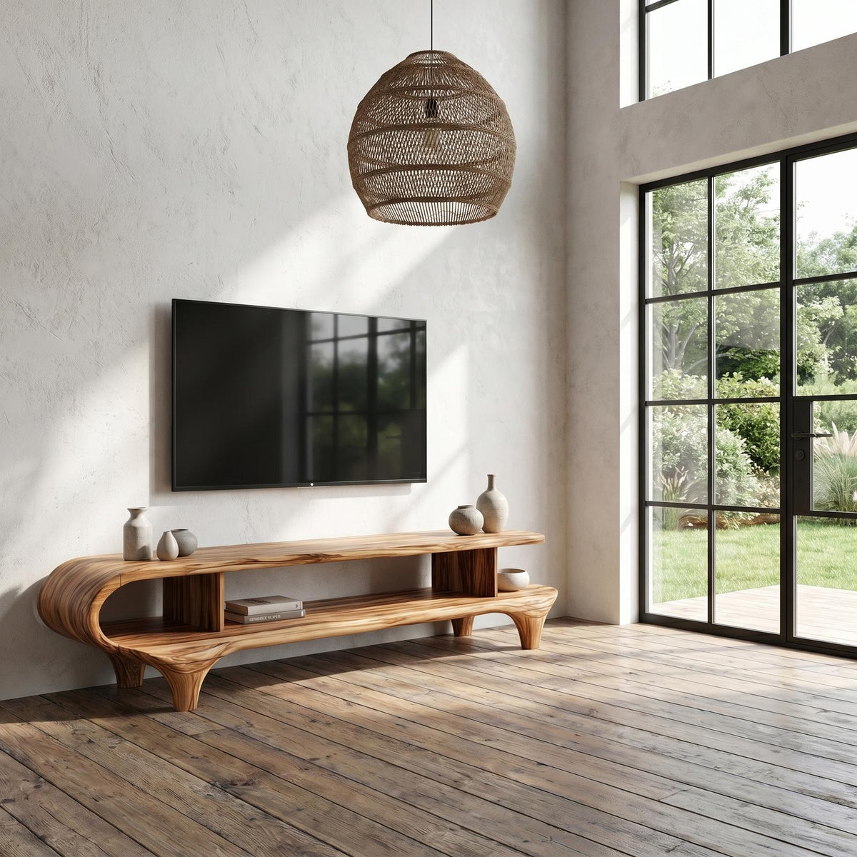 Contemporary Wooden TV Cabinet, Handcrafted Organic Curved Frame Media Console for Living Room TV Stand, Model