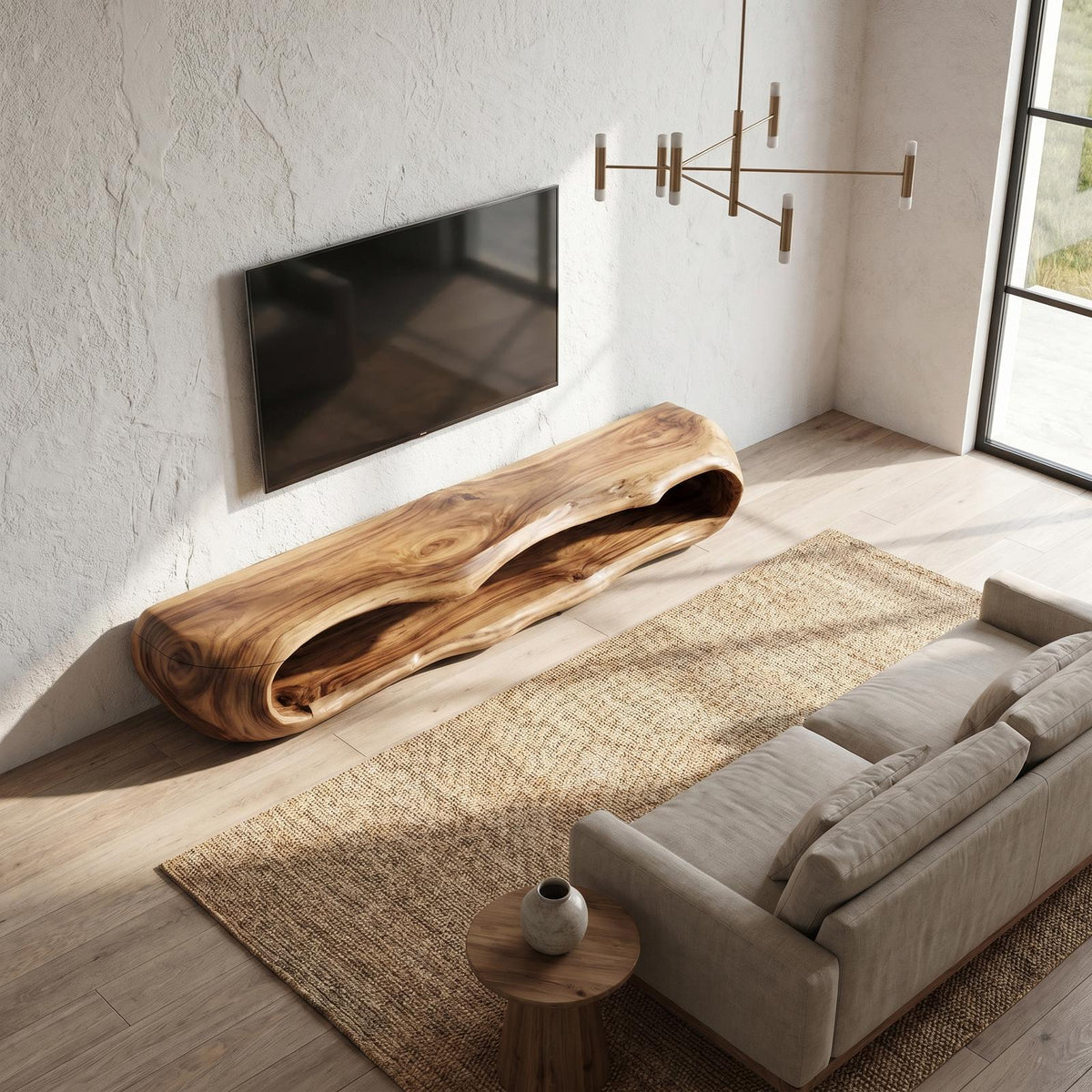 Sculptural Wood TV Cabinet, Handcrafted Nature-Inspired Artistic Media Console Credenza for Living Room, Model