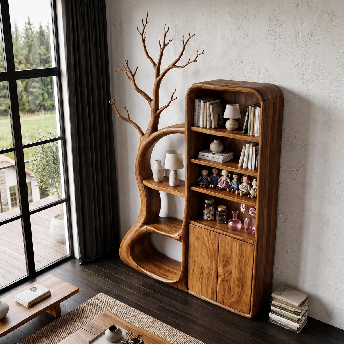 Rustic Tree Cabinet With Branch Inspired Shelving For Reading Room