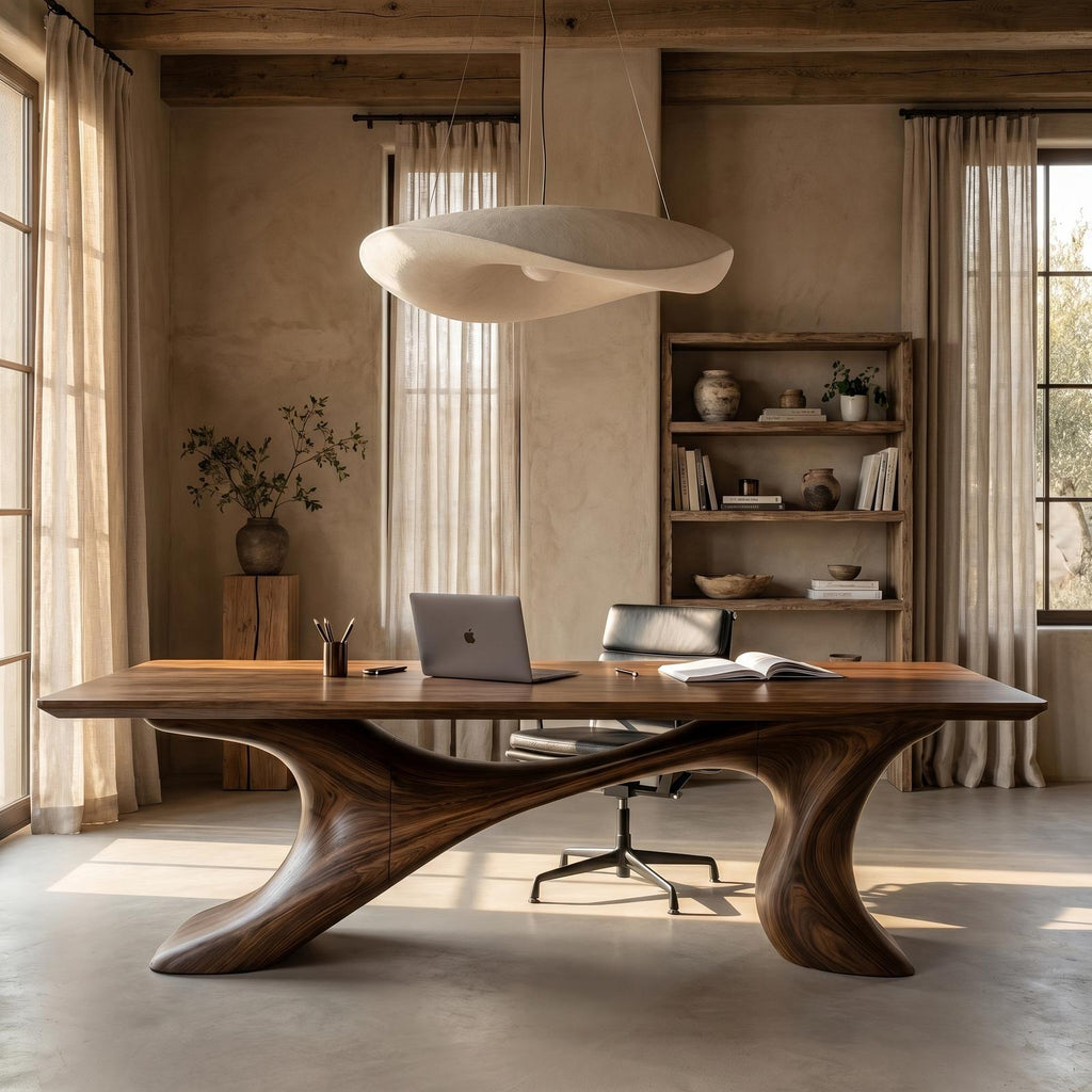 Sculptural Solid Wood Office Desk, Handcrafted Organic Modern Executive Writing Workstation Desk, Model