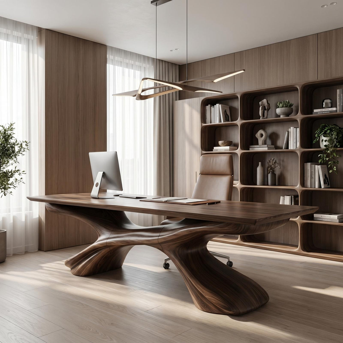 Modern Executive Desk, Handcrafted Sculptural Solid Wood Home Office Computer Writing Workstation Table, Model