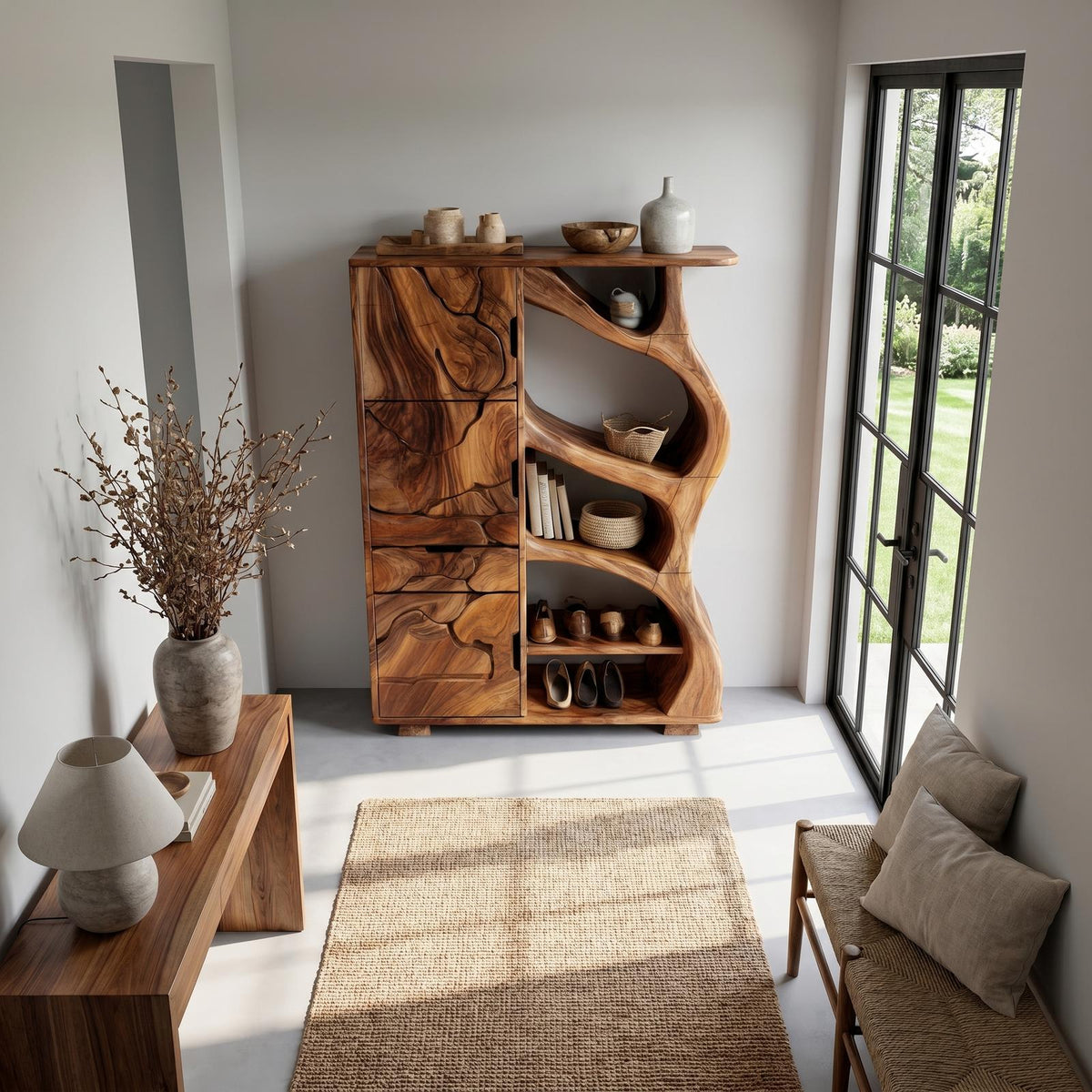 Nature Inspired Entryway Cabinet Organic Storage Design