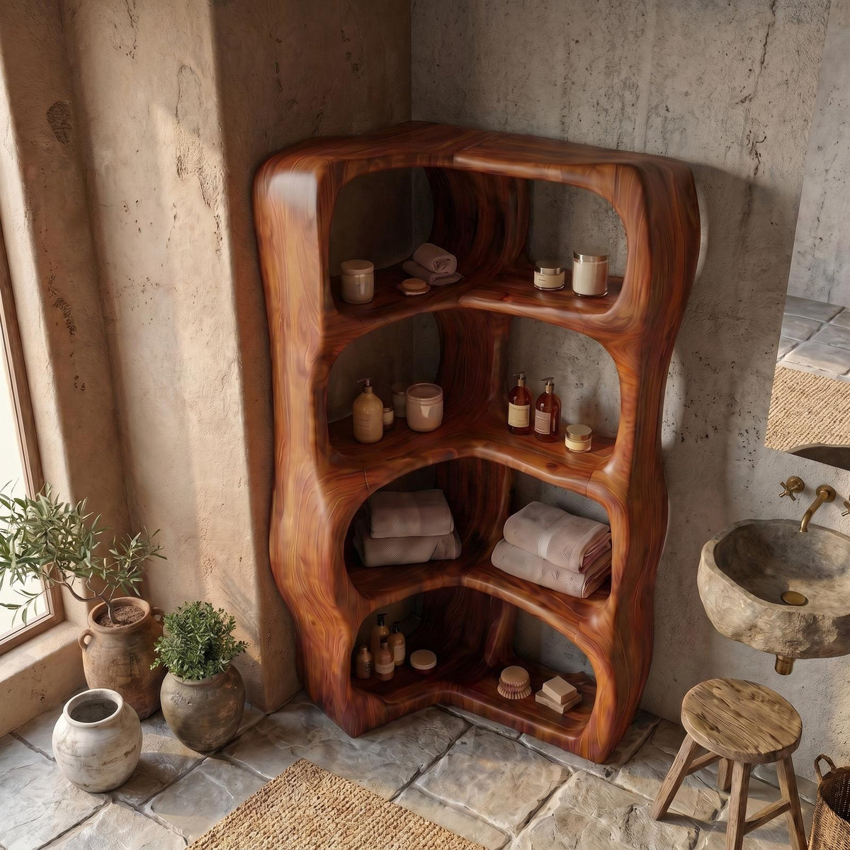Sculptural Wood Bathroom Cabinet, Freeform Curved Shelves Standing Storage Organizer Cabinet