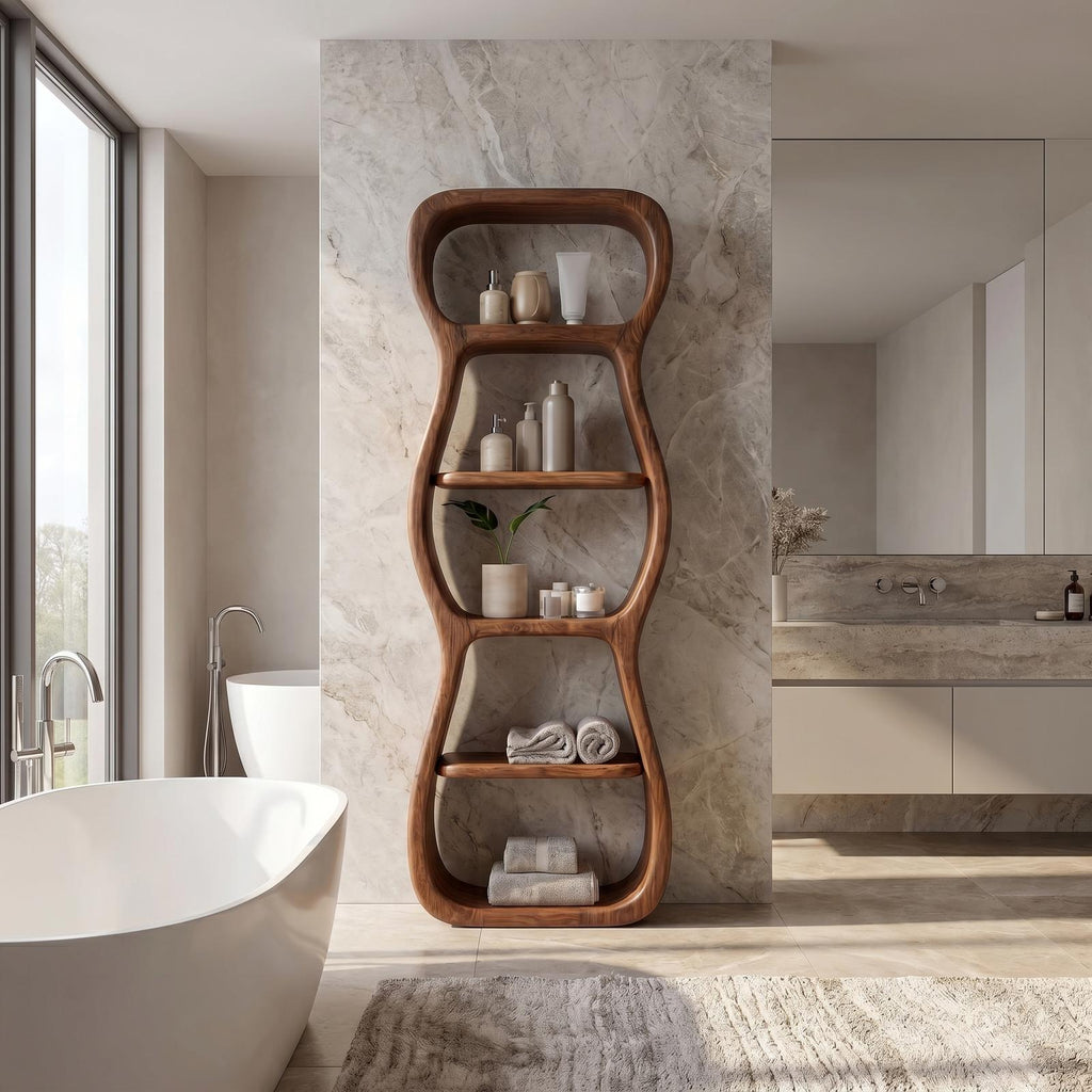 Contemporary Bathroom Storage Cabinet, Sculptural Wood Shape Floor Standing Cabinet with Shelves