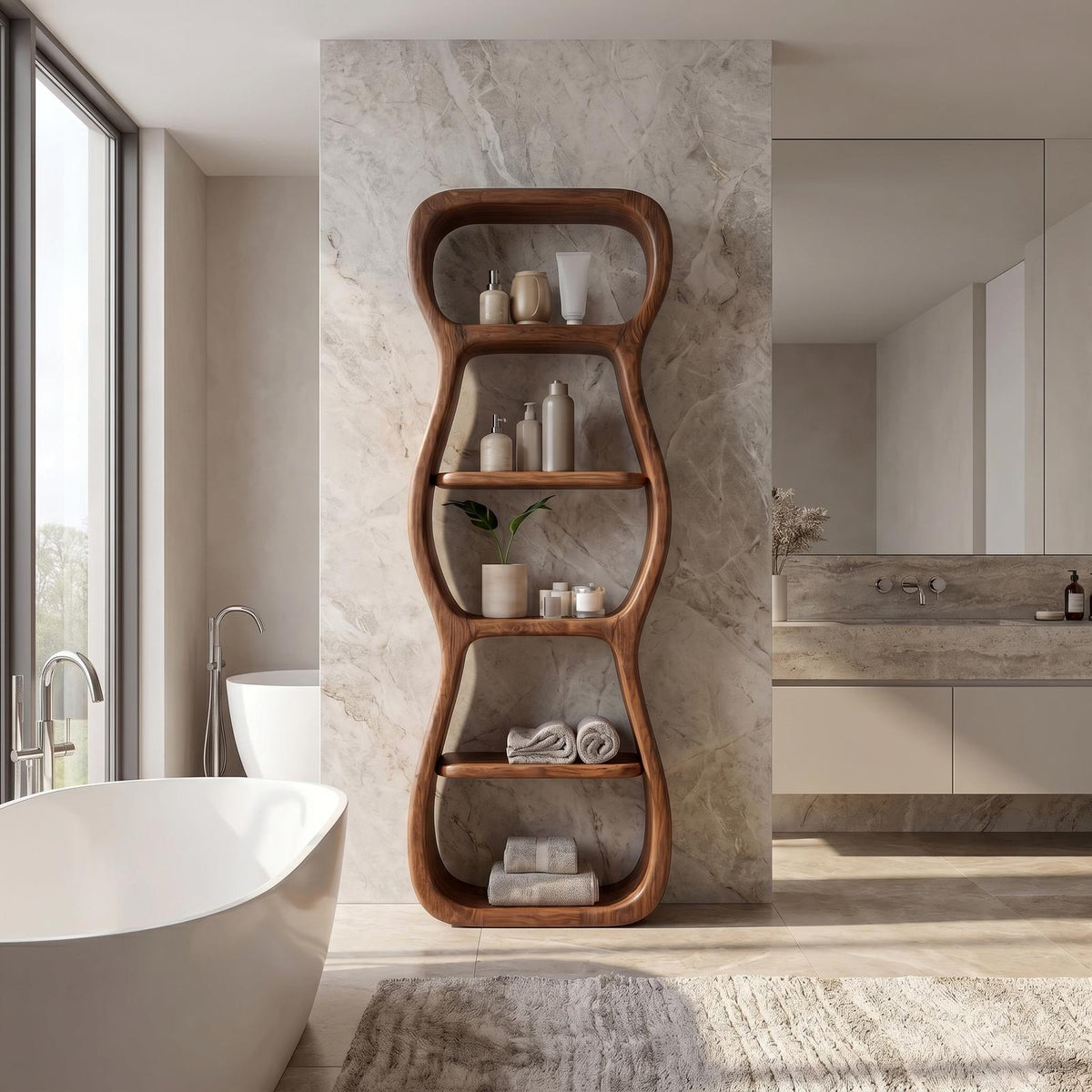 Contemporary Bathroom Storage Cabinet, Sculptural Wood Shape Floor Standing Cabinet with Shelves