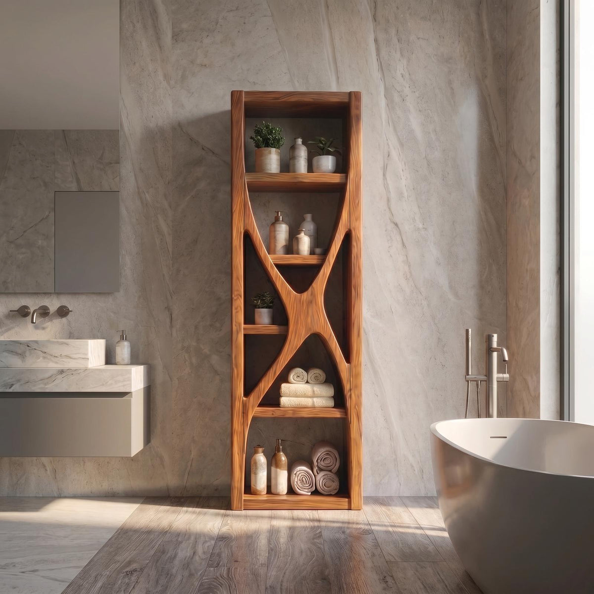 Rustic Bathroom Storage Cabinet, Natural Wood Branch Structure Floor Cabinet with Shelves