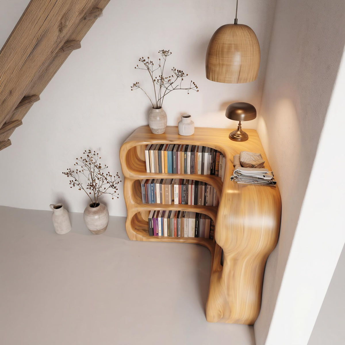 Modern Curved Bookshelf, Sculptural Wooden Open Shelf Bookcase Display for Living Room & Bedroom