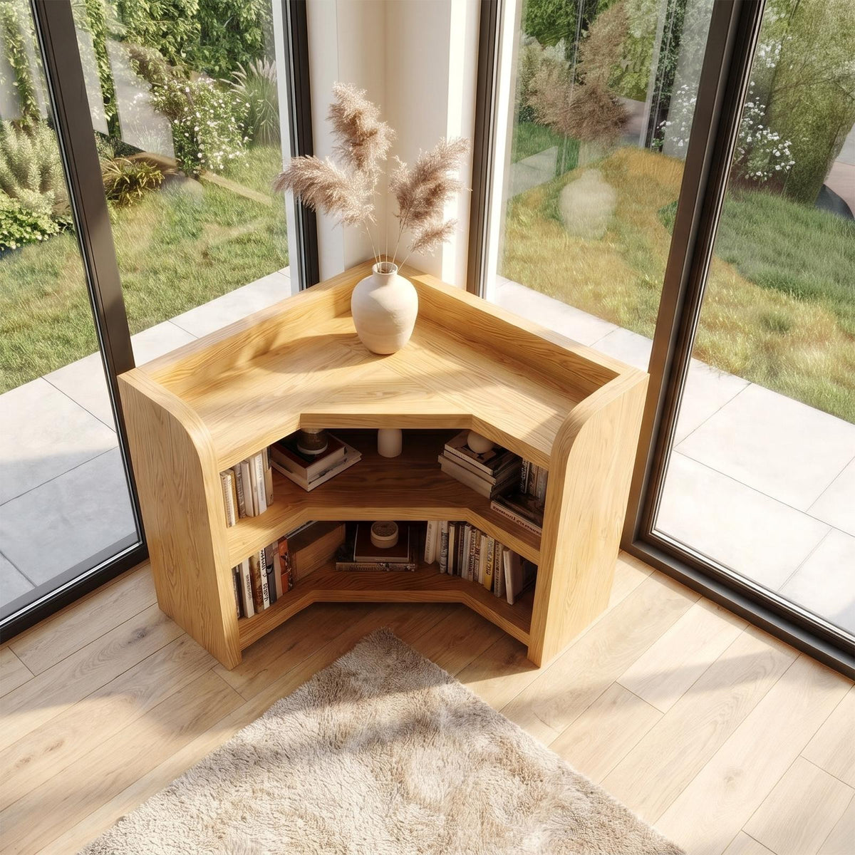 Natural Wooden Bookshelf with Rounded Edges, Open Solid Wood Shelving Display for Living Room & Bedroom