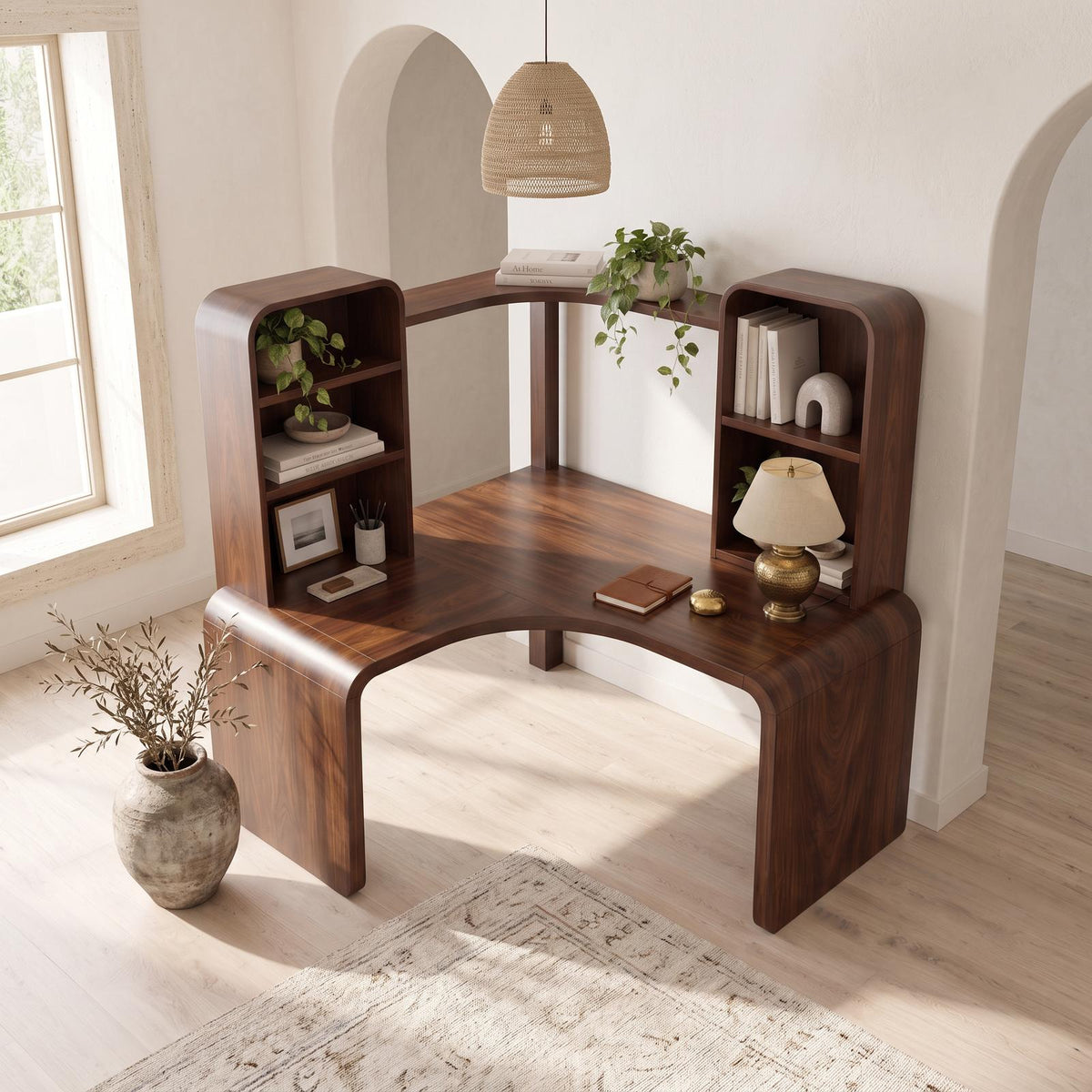 Contemporary Computer Desk With Corner Bookcase For Workspace
