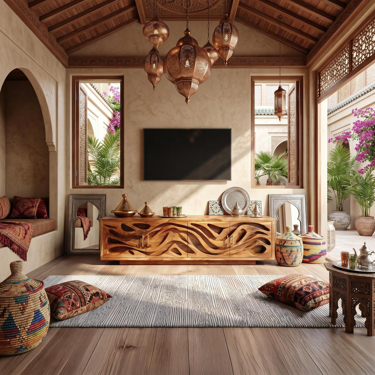 Mediterranean Coastal Wood TV Stand, Santorini Style White Wash Wooden Media Console Table for Bedroom Living Room